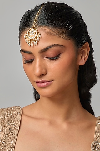 Gold Finish Kundan Polki & Crescent Motif Maangtikka by Belsi'S Jewellery