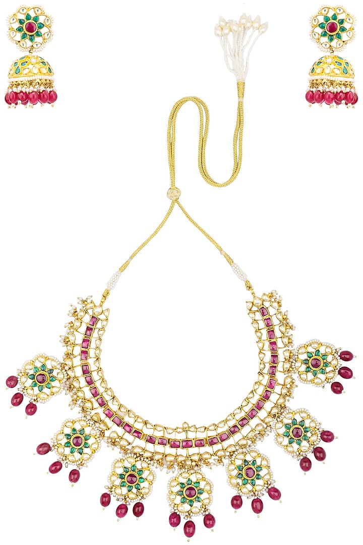Gold Finish Kundan and Ruby Red Pearl Necklace Set by Belsi's Jewellery
