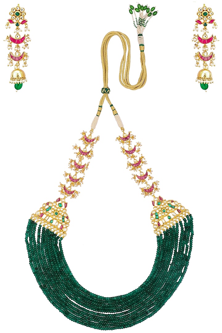 Gold finish kundan and emerald multi-strand necklace set available only at Pernia's Pop Up Shop.