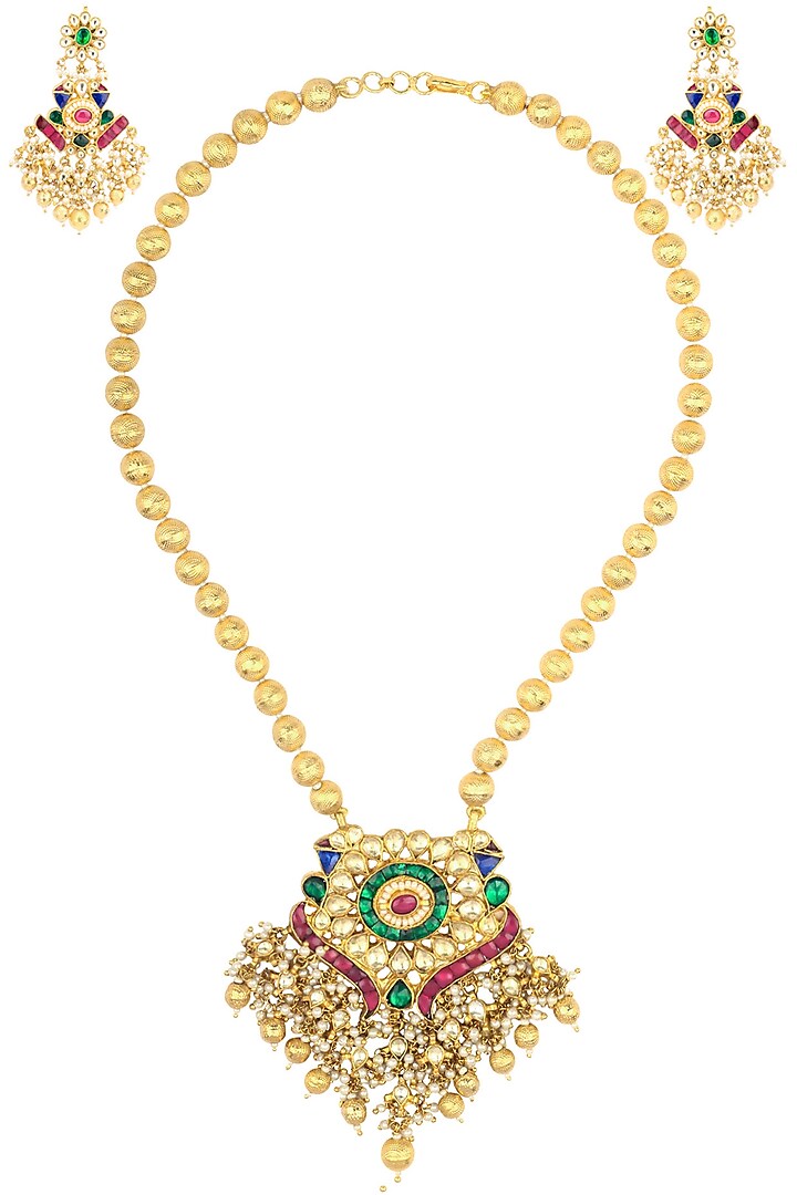Gold Finish Peacock Motif Kundan and Pearl Necklace Set by Belsi's Jewellery