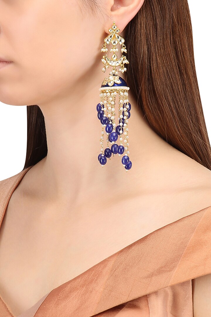 Gold finish kundan and blue meena work jhumki earrings available only at Pernia's Pop Up Shop.