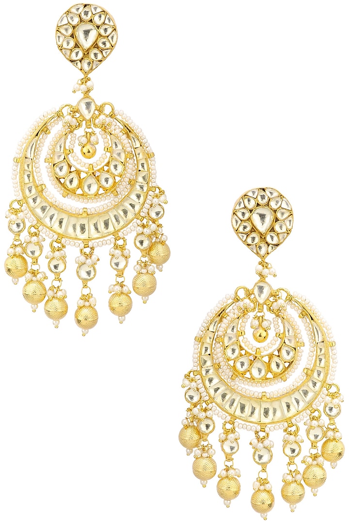 Gold Finish Kundan and Gold Pearl Drop Chandbali Earrings by Belsi's Jewellery