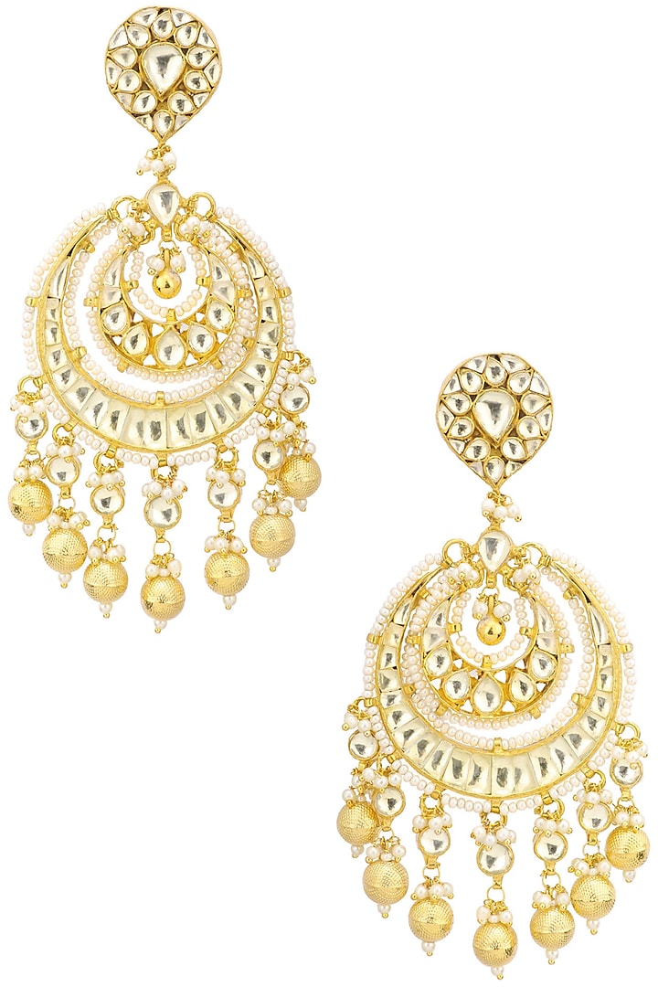 Gold finish kundan and gold pearl drop chandbali earrings available only at Pernia's Pop Up Shop.