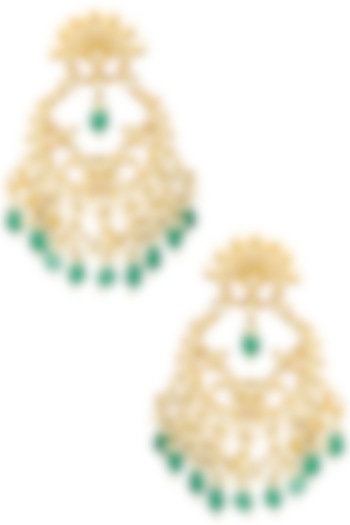 Gold finish kundan, gold pearl and green moti chandbali earrings available only at Pernia's Pop Up Shop.