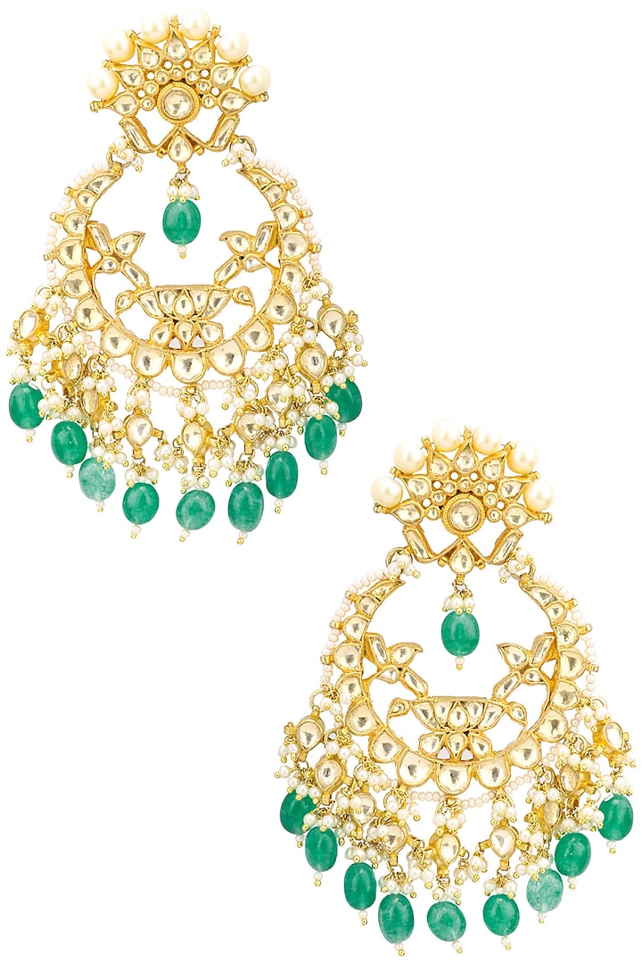 Gold Finish Kundan, Gold Pearl and Green Moti Chandbali Earrings by Belsi's Jewellery