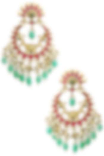 Gold Finish Multi-Colour Kundan, Pearl and Green Moti Chandbali Earrings by Belsi's Jewellery