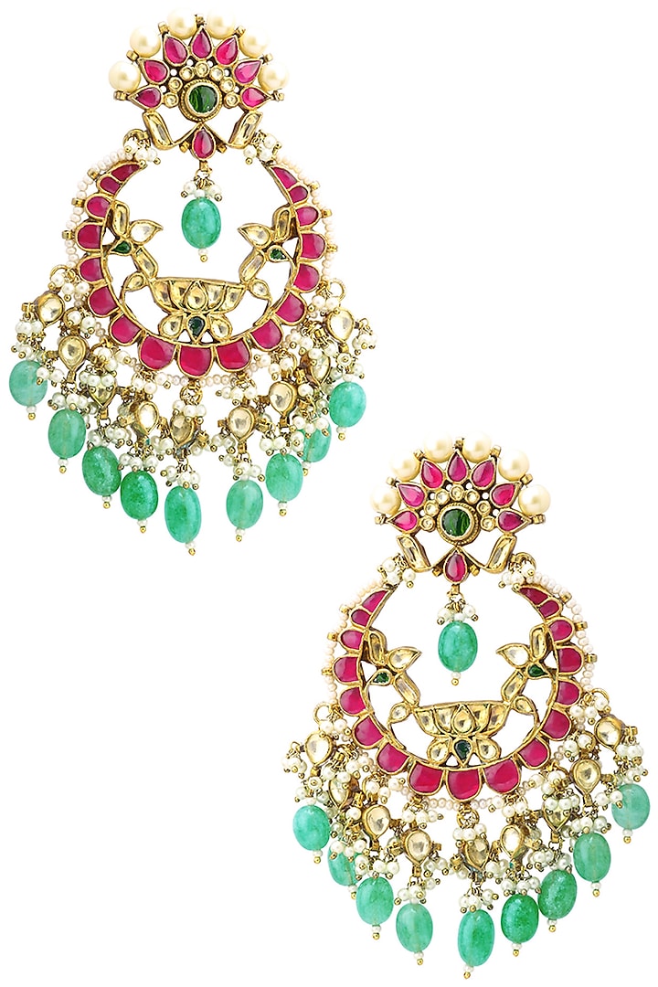 Gold Finish Multi-Colour Kundan, Pearl and Green Moti Chandbali Earrings by Belsi's Jewellery