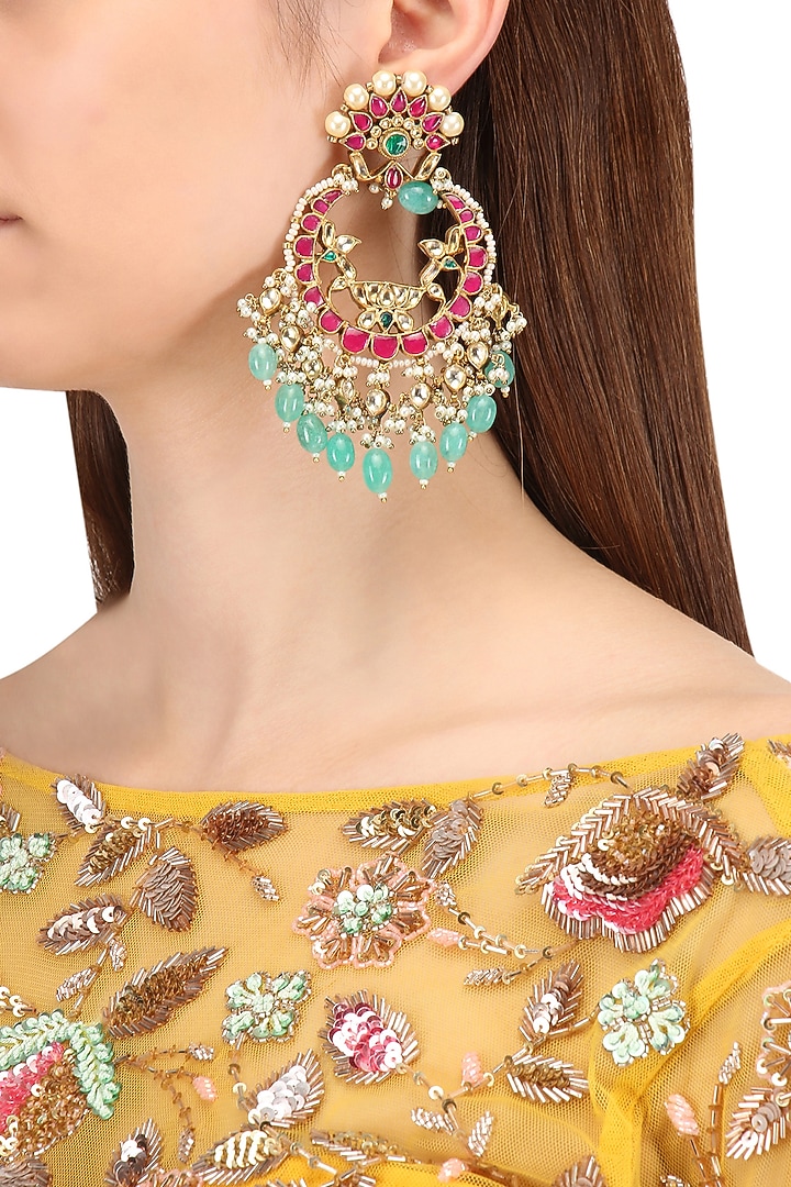 Gold finish multi-colour kundan, pearl and green moti chandbali earrings available only at Pernia's Pop Up Shop.