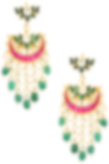 Gold Finish Multi-Colour Kundan, Pearl and Green Moti Earrings by Belsi's Jewellery