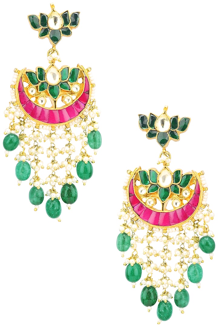 Gold Finish Multi-Colour Kundan, Pearl and Green Moti Earrings by Belsi's Jewellery