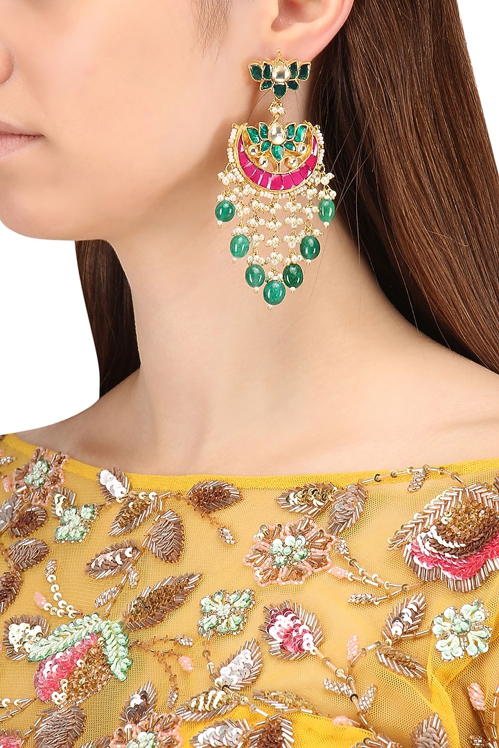 Gold finish multi-colour kundan, pearl and green moti earrings available only at Pernia's Pop Up Shop.