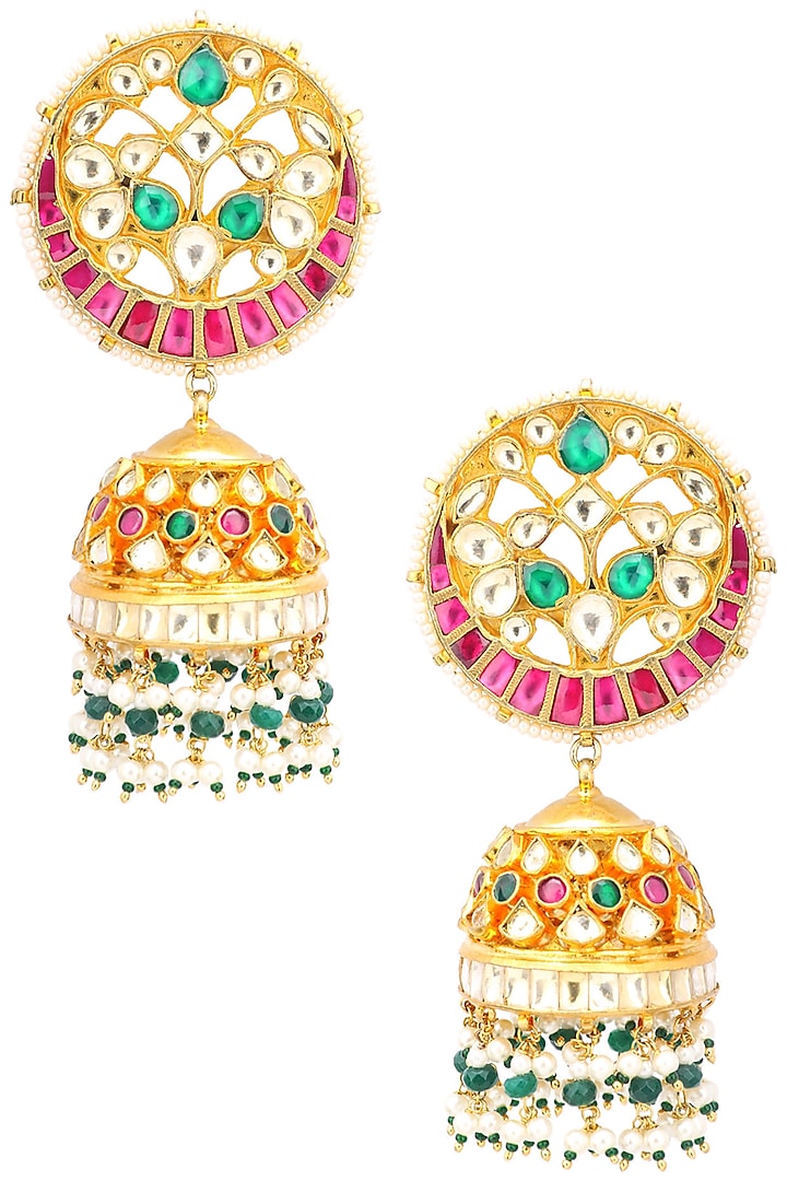 Gold Finish Multi-Colour Kundan, Pearl and Green Moti Jhumki Earrings by Belsi's Jewellery