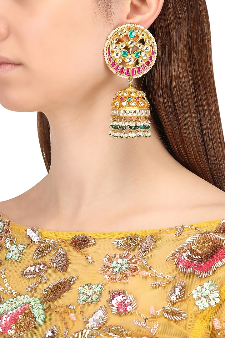Gold finish multi-colour kundan, pearl and green moti jhumki earrings available only at Pernia's Pop Up Shop.