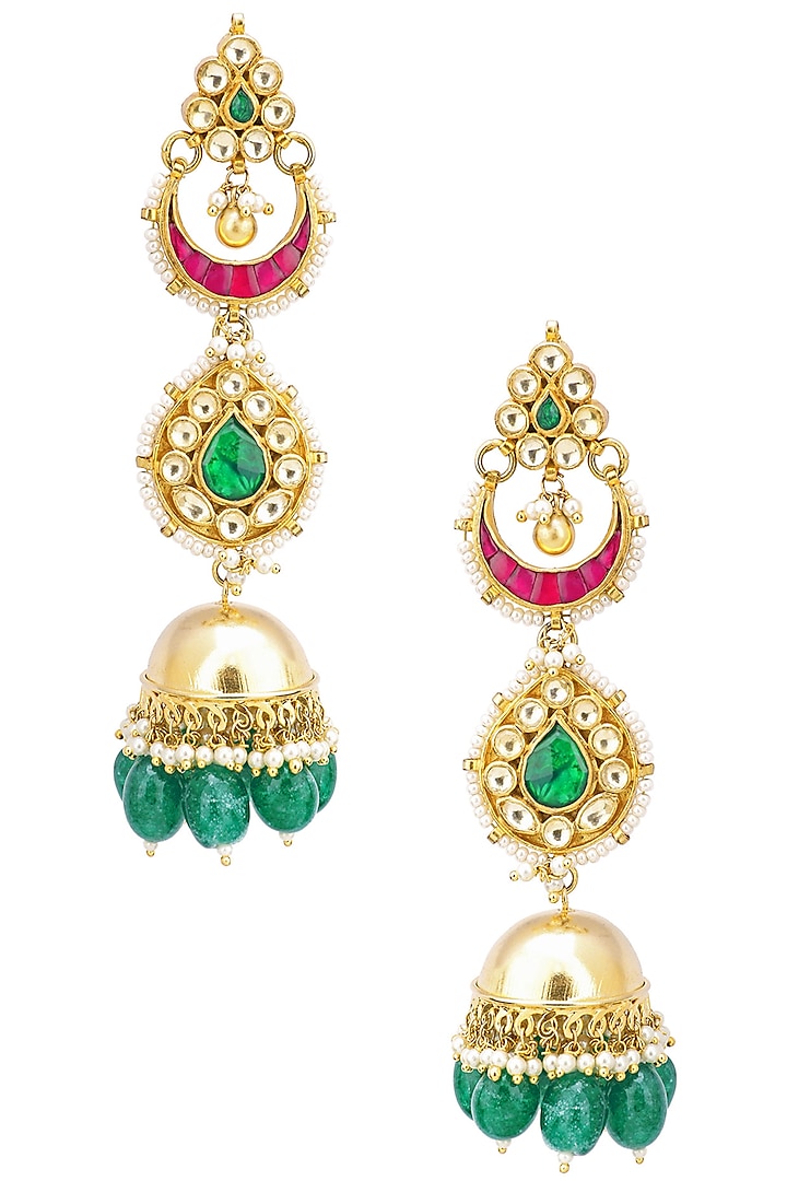 Gold Finish Three Layer Kundan, Pearl and Moti Jhumki Earrings by Belsi's Jewellery