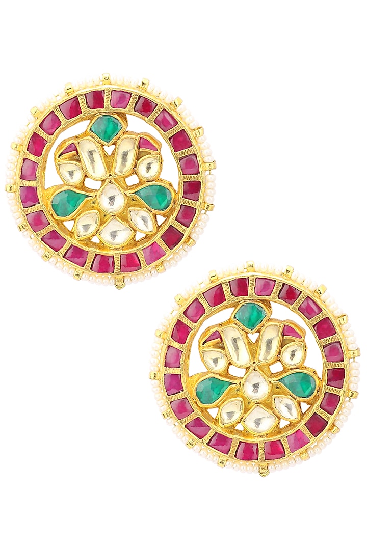 Gold Finish Kundan and Pearls Stud Earrings by Belsi's Jewellery