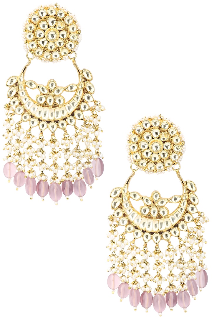 Gold Finish Kundan and Lilac Crystal Drop Chandbali Earrings by Belsi's Jewellery