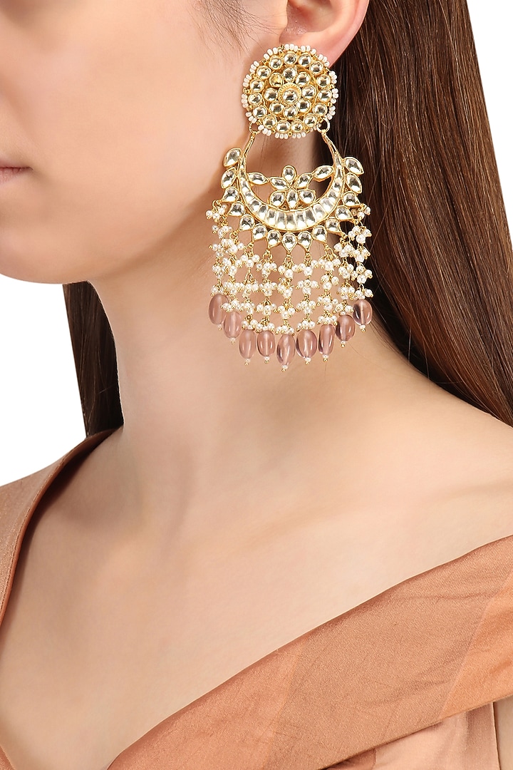 Gold finish kundan and lilac crystal drop chandbali earrings available only at Pernia's Pop Up Shop.