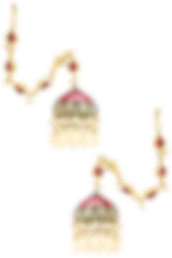 Gold Finish Kundan and Red Meena Work Jhumki Earrings by Belsi's Jewellery