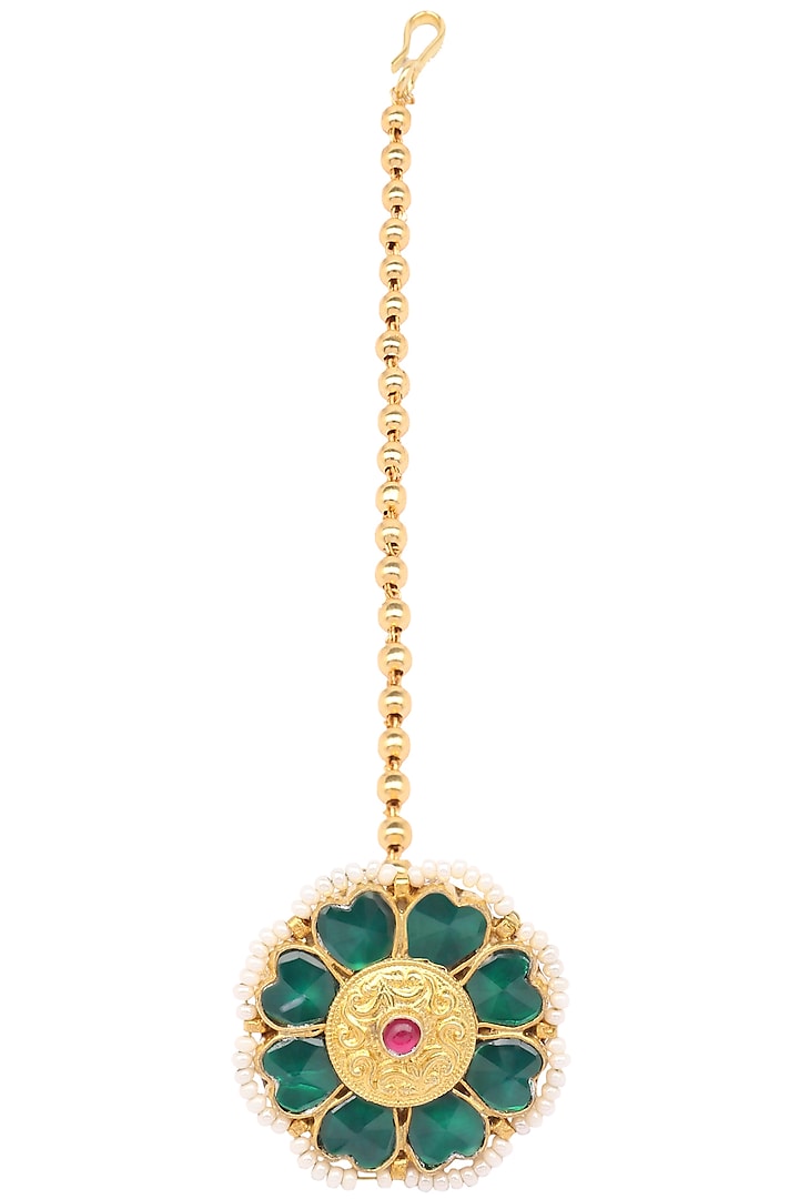 Gold Finish Green Kundan and Pearls Flower Maangtika by Belsi's Jewellery