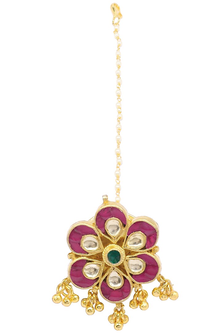 Gold Finish Kundan and Pearls Flower Maangtika by Belsi's Jewellery