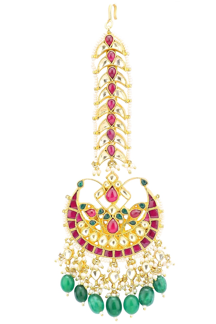 Gold Finish Multi-Coloured Kundan and Pearls Crescent Maangtika by Belsi's Jewellery