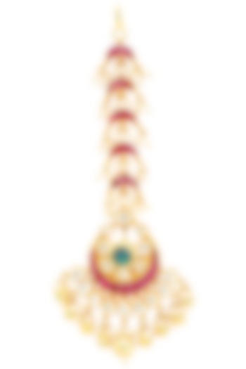 Gold Finish Kundan and Pearls Crescent Maangtika by Belsi's Jewellery