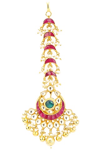 Gold Finish Kundan and Pearls Crescent Maangtika by Belsi's Jewellery