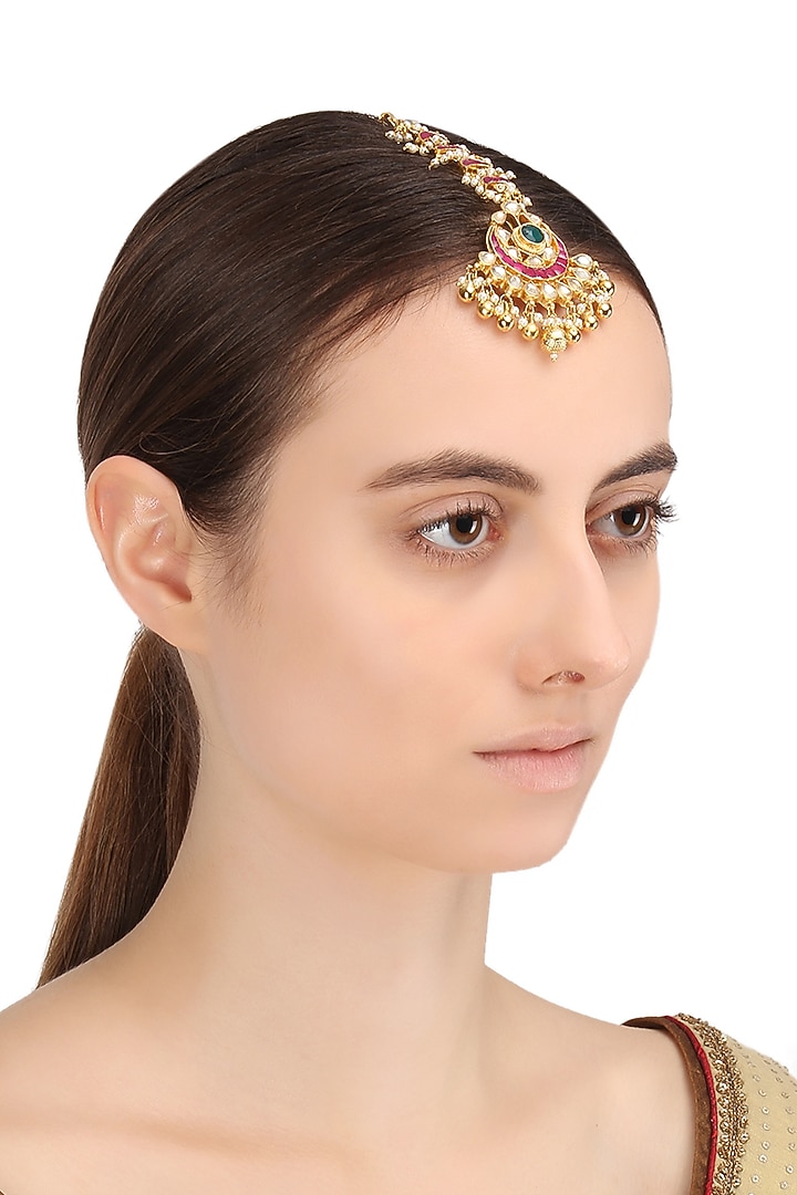 Gold finish kundan and pearls crescent maangtika available only at Pernia's Pop Up Shop.