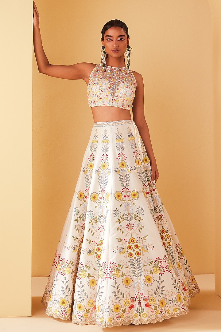 Ivory Dupion Silk Floral Embroidered Wedding Lehenga Set by Chamee and Palak at Pernia's Pop Up Shop