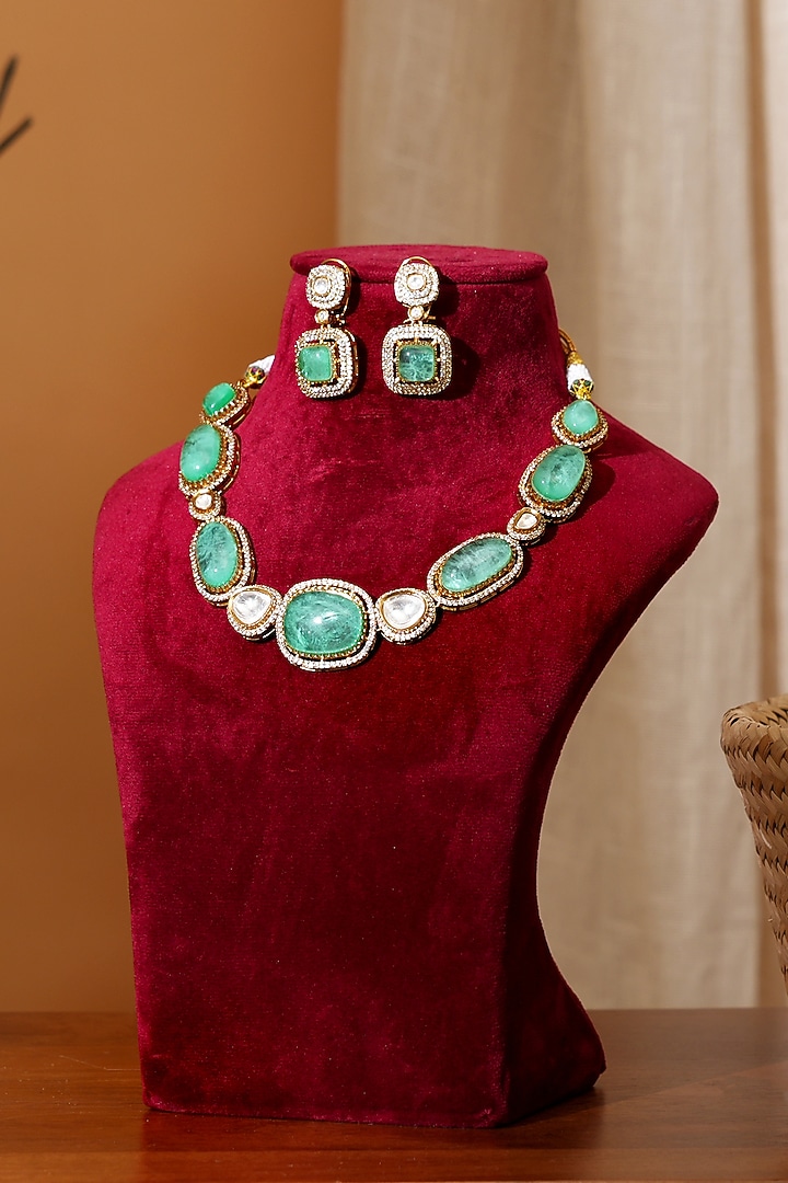 Gold Finish Mint Kundan Polki & Zircon Necklace Set by Beryachi at Pernia's Pop Up Shop