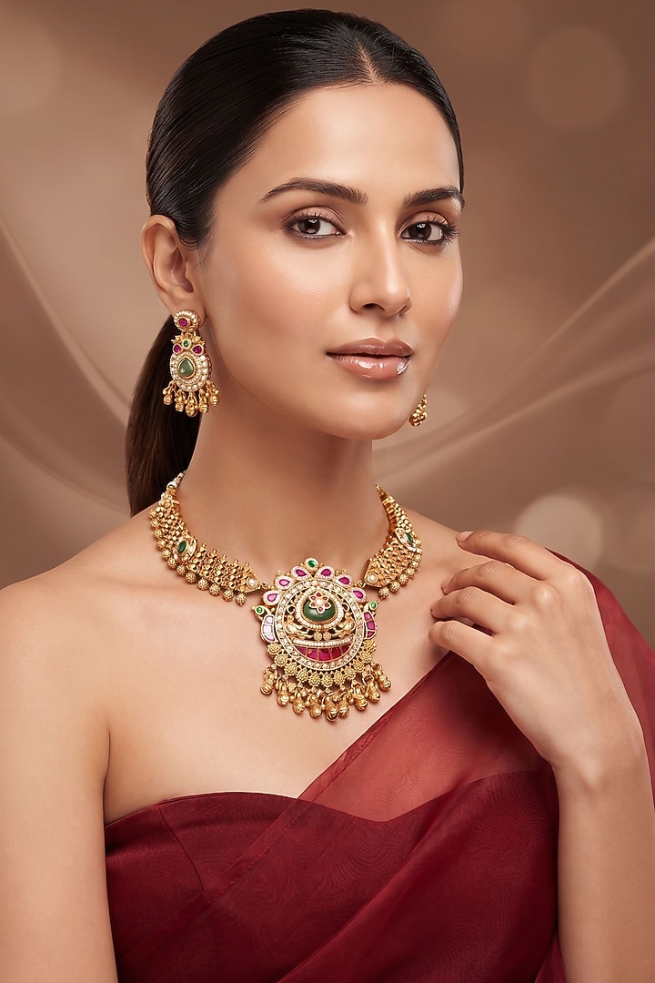 Gold Finish Multi-Colored Kundan Polki Temple Necklace Set by Beryachi at Pernia's Pop Up Shop