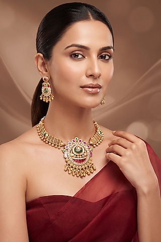 Gold Finish Multi-Colored Kundan Polki Temple Necklace Set by Beryachi