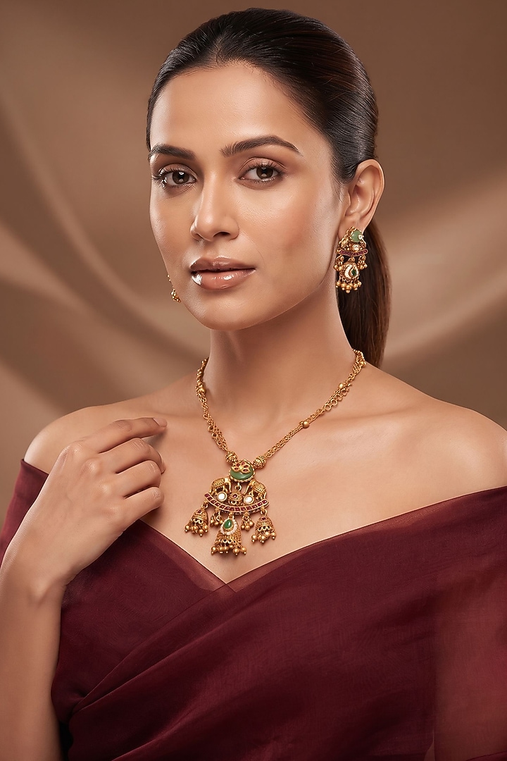 Gold Finish Multi-Colored Kundan Polki Pendant Necklace Set by Beryachi at Pernia's Pop Up Shop