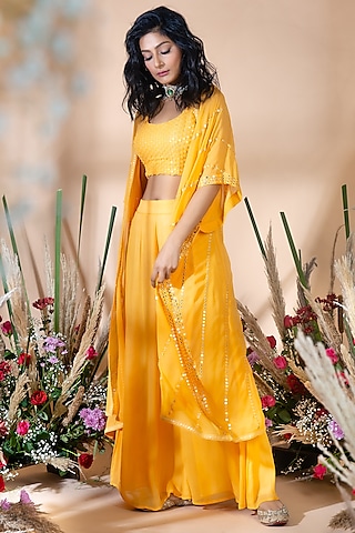 Mango Yellow Embroidered Palazzo Pant Set by Bhumika Grover