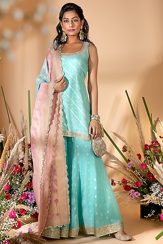 Aqua Blue Embroidered Sharara Set by Bhumika Grover