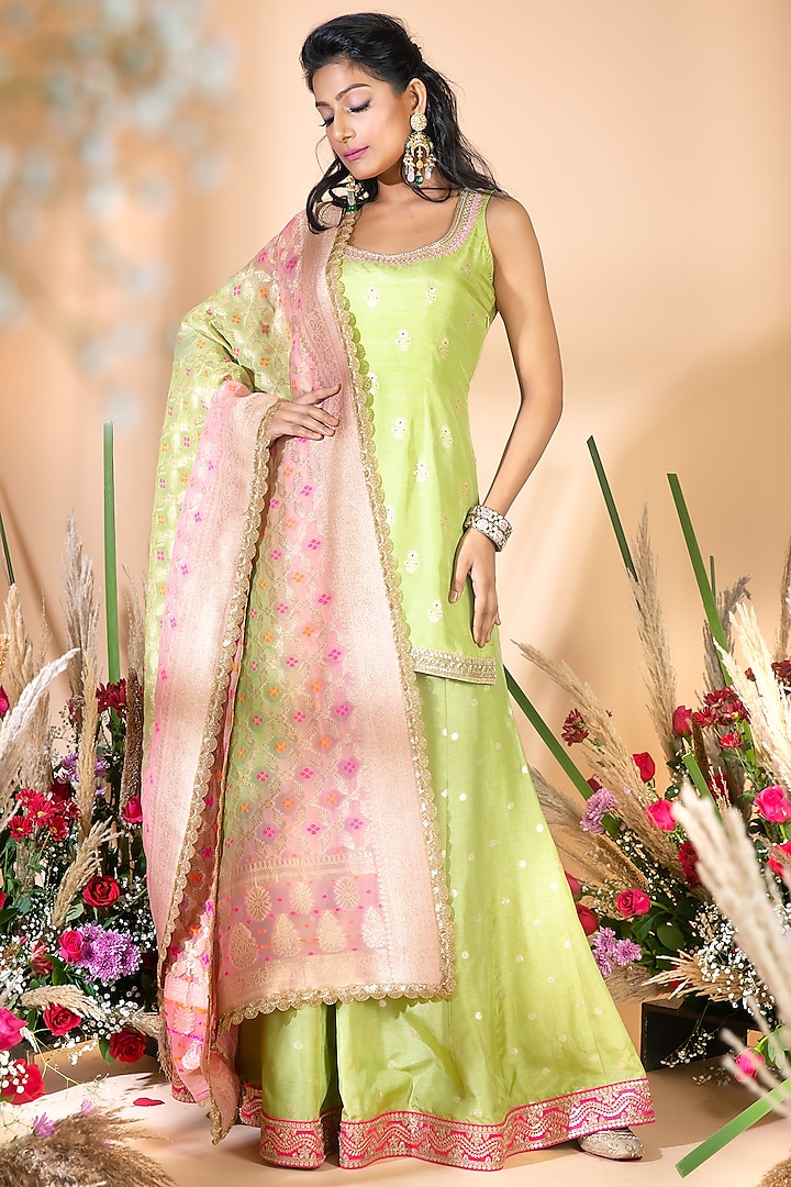 Lime Green Embroidered Sharara Set by Bhumika Grover