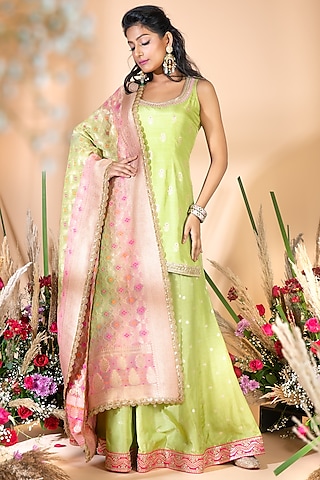 Lime Green Embroidered Sharara Set by Bhumika Grover