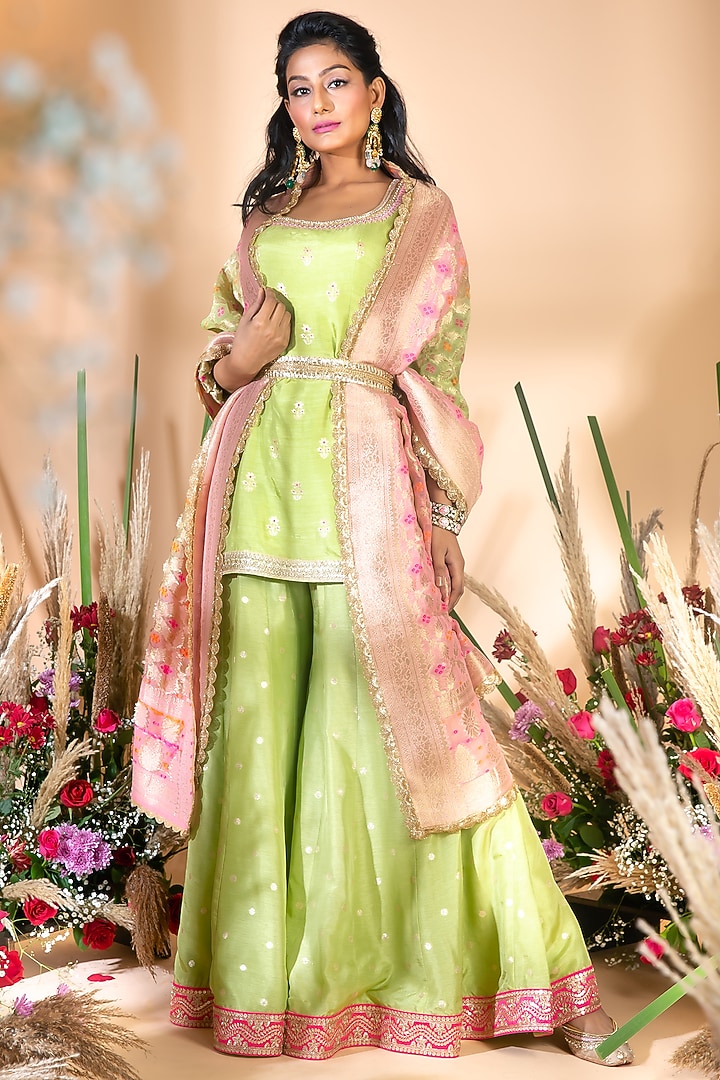 Lime Green Embroidered Wedding Sharara Set by Bhumika Grover at Pernia's Pop Up Shop