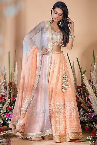 Peach & Grey Embroidered Lehenga Set by Bhumika Grover