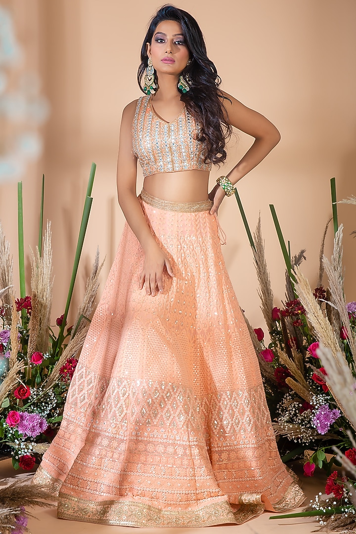 Peach & Grey Embroidered Wedding Lehenga Set by Bhumika Grover at Pernia's Pop Up Shop