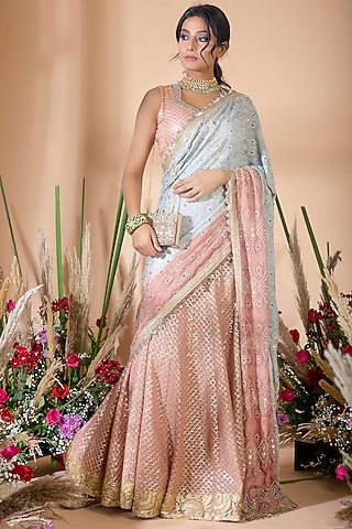 Onion Pink & Soft Grey Embroidered Lehenga Set by Bhumika Grover