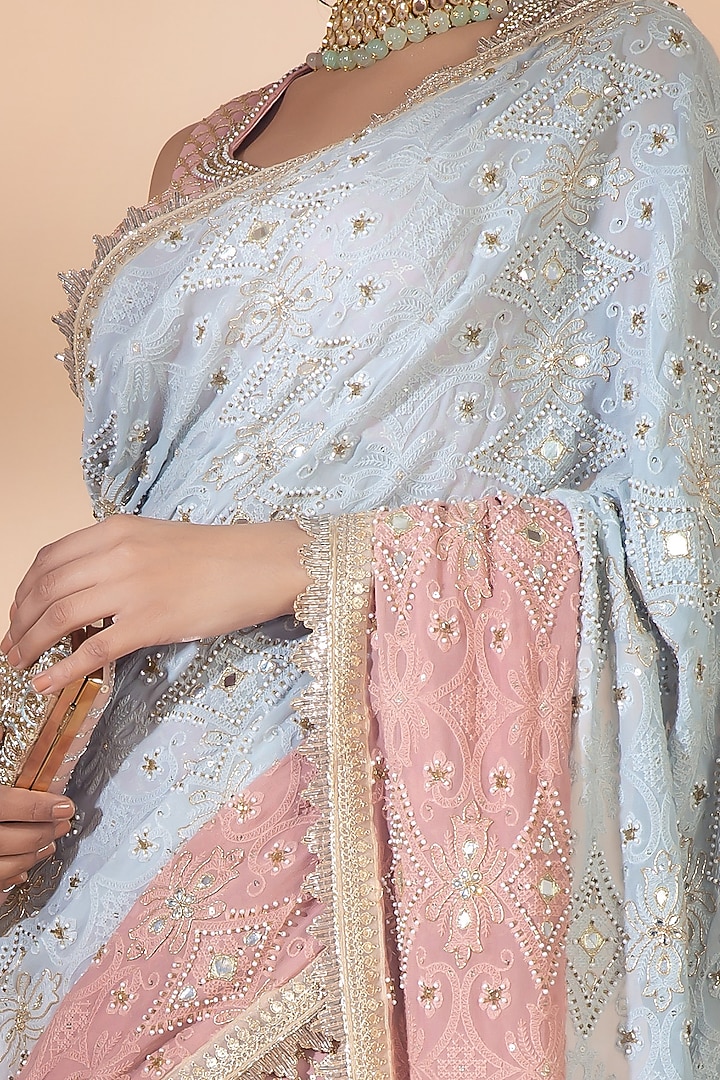 Onion Pink & Soft Grey Embroidered Wedding Lehenga Set by Bhumika Grover at Pernia's Pop Up Shop