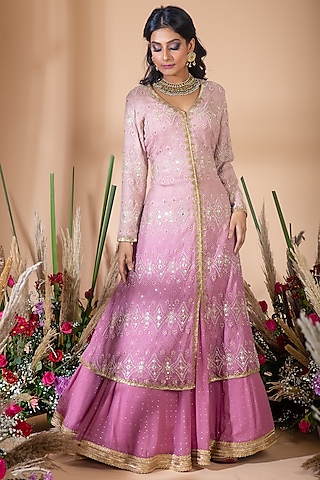 Mauve Embroidered Ombre Jacket Lehenga Set by Bhumika Grover
