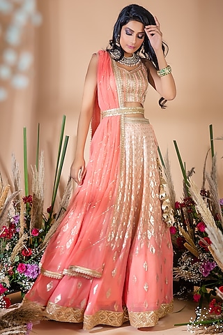Peach Embroidered Lehenga Set by Bhumika Grover