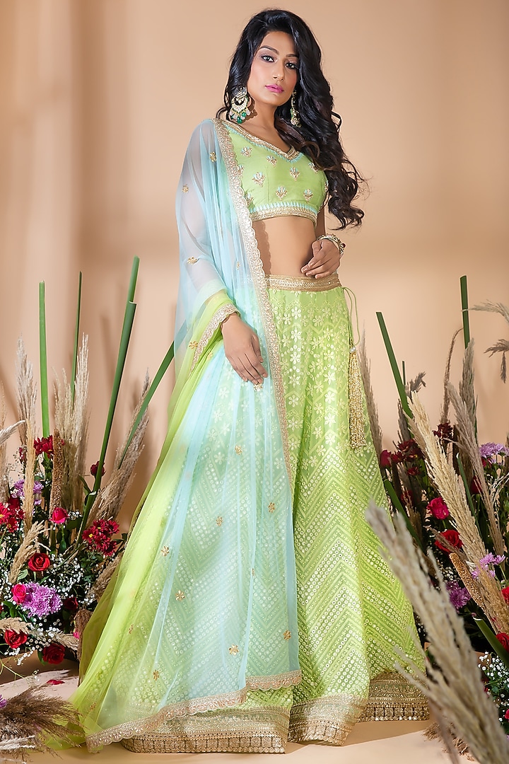Lime Green & Blue Embroidered Lehenga Set by Bhumika Grover
