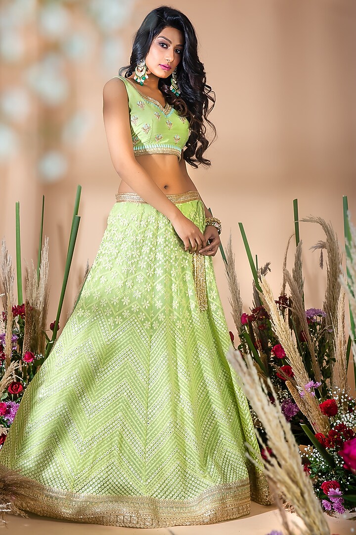 Lime Green & Blue Embroidered Wedding Lehenga Set by Bhumika Grover at Pernia's Pop Up Shop