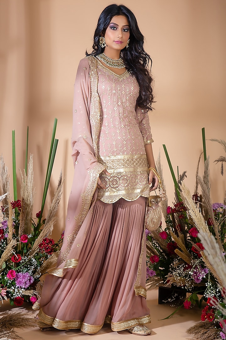 Champagne Pink Embroidered Gharara Set by Bhumika Grover