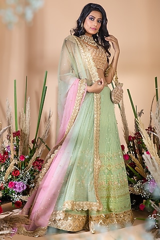 Sage Green Embroidered Lehenga Set by Bhumika Grover