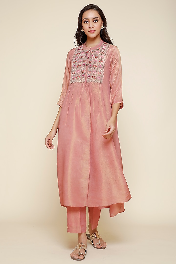 Peach Embroidered Kurta With Slip & Pants by Begum Pret