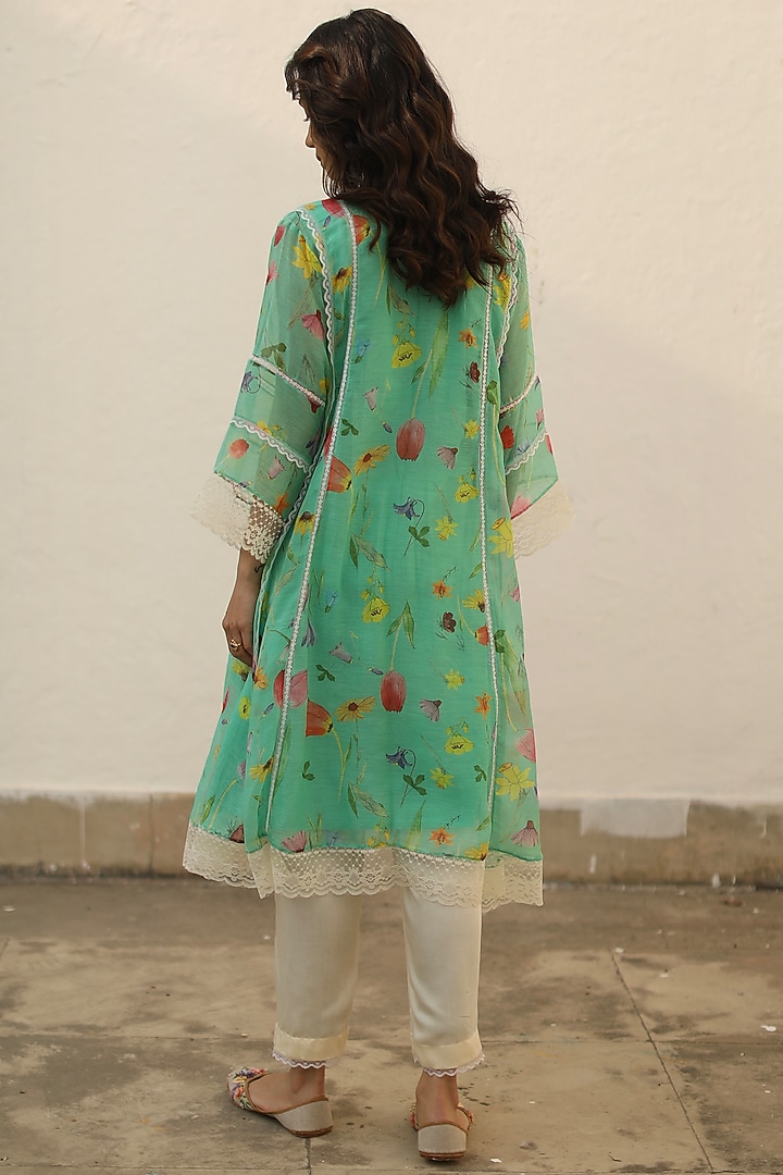 Turquoise Chanderi Floral Printed Kurta Set by Begum Pret at Pernia's Pop Up Shop